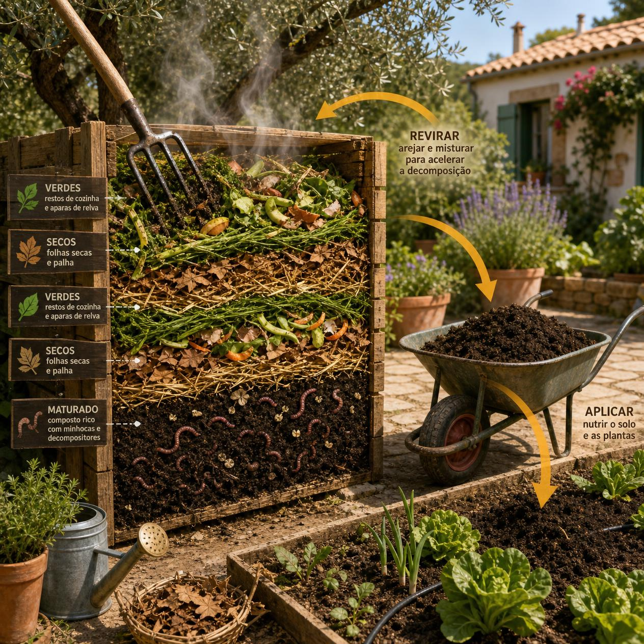 Ciclo de compostagem com pilha, arejamento, maturação e aplicação no solo