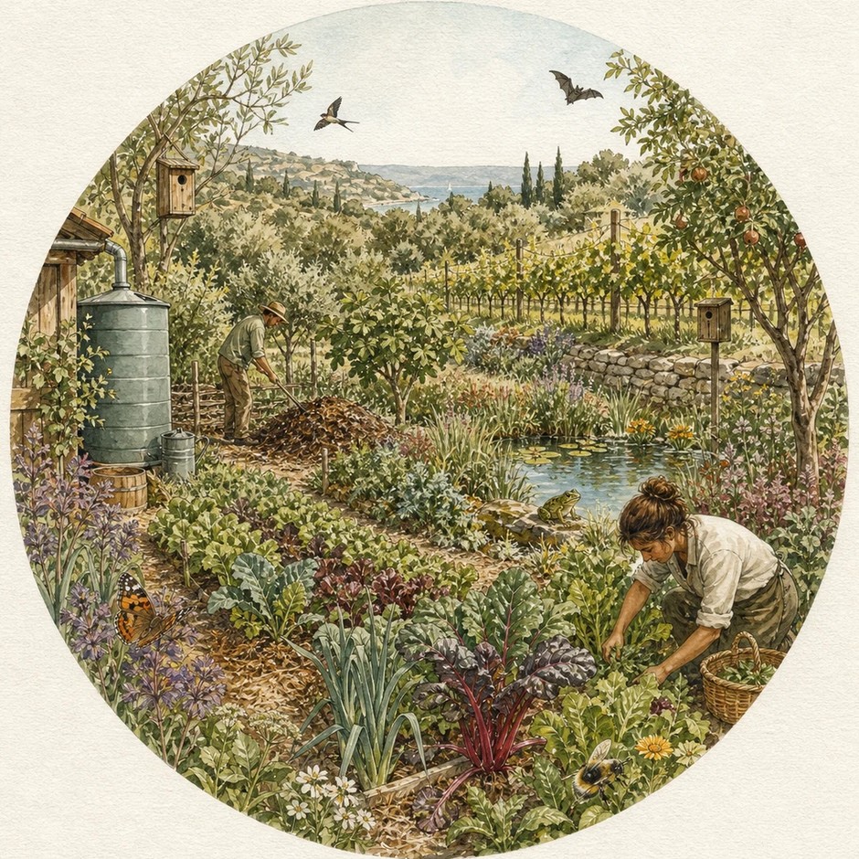 Ilustração de uma horta regenerativa, com composto, água da chuva e biodiversidade